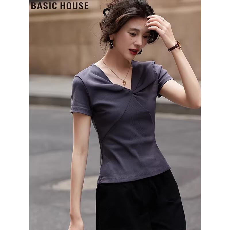 

Basic House Women s Smoky Grey V-Neck Slim Fit T-Shirt 2XL