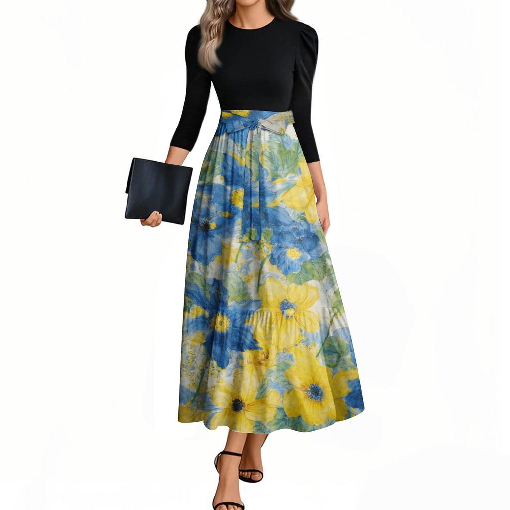 Damenmode Lässig Gürtel Dreiviertelarm Rundhals Floral Bedruckt Elegant Temperament Kleider