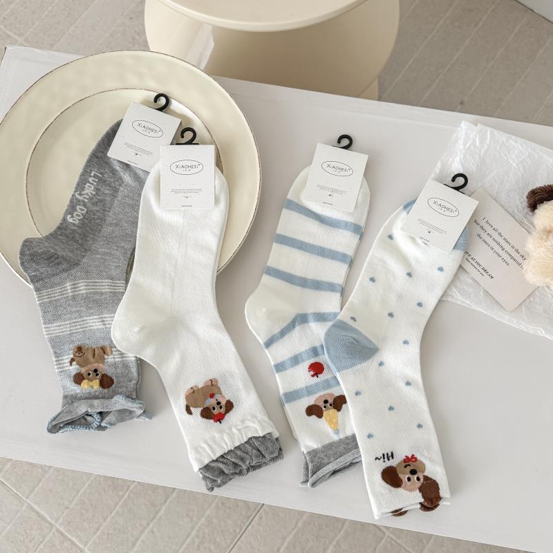 Spring/Summer Striped Mesh Puppy Socks: Cute Cartoon Polka Dot Mid-Calf for Women
