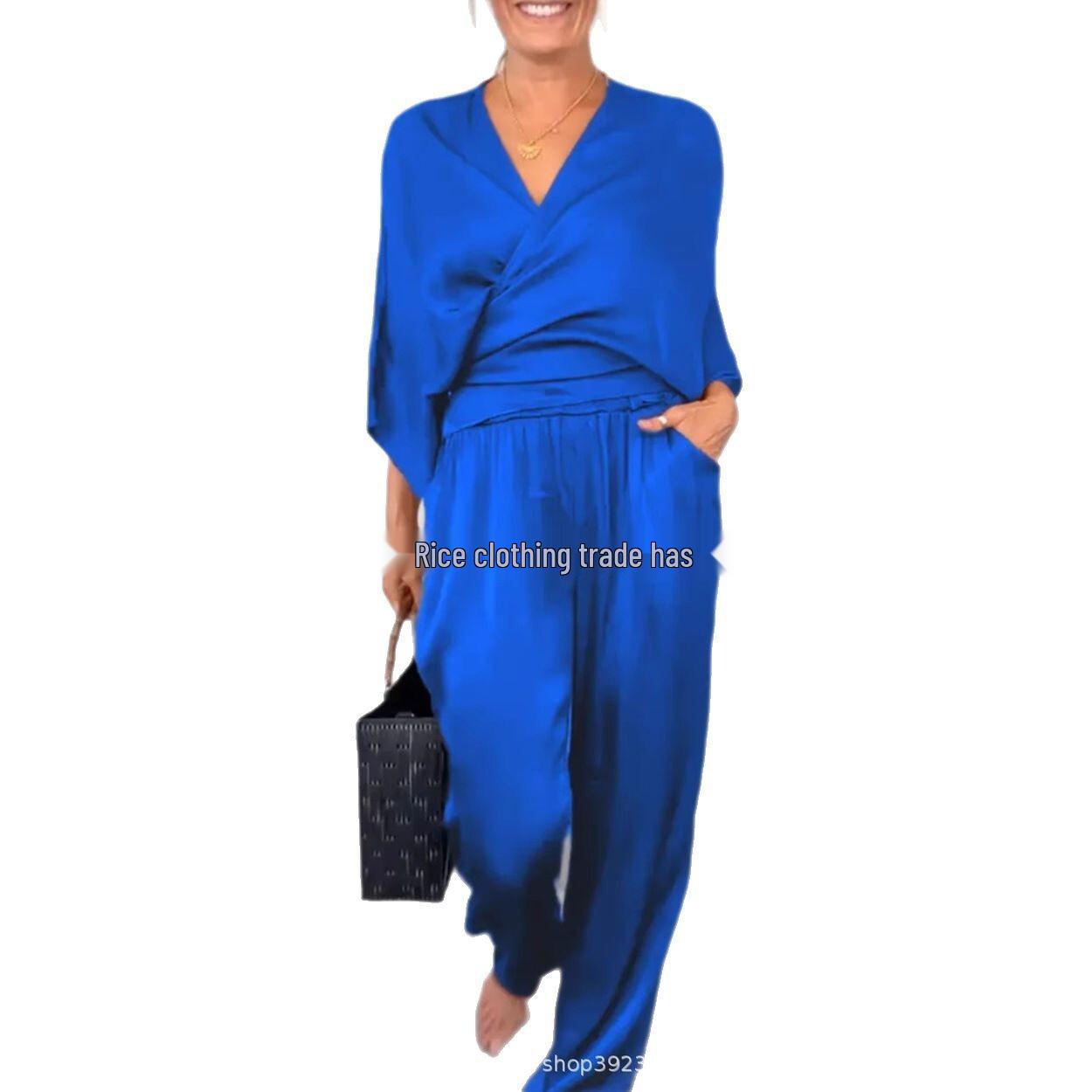 

European & American Women s Solid Color Satin Top and Pants Set with Seven-Sleeve. S червоний