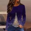 Women's Fashion Casual Slit Hem Round Neck Long Sleeve Loose Printed T-Shirt Ladies Top Christmas