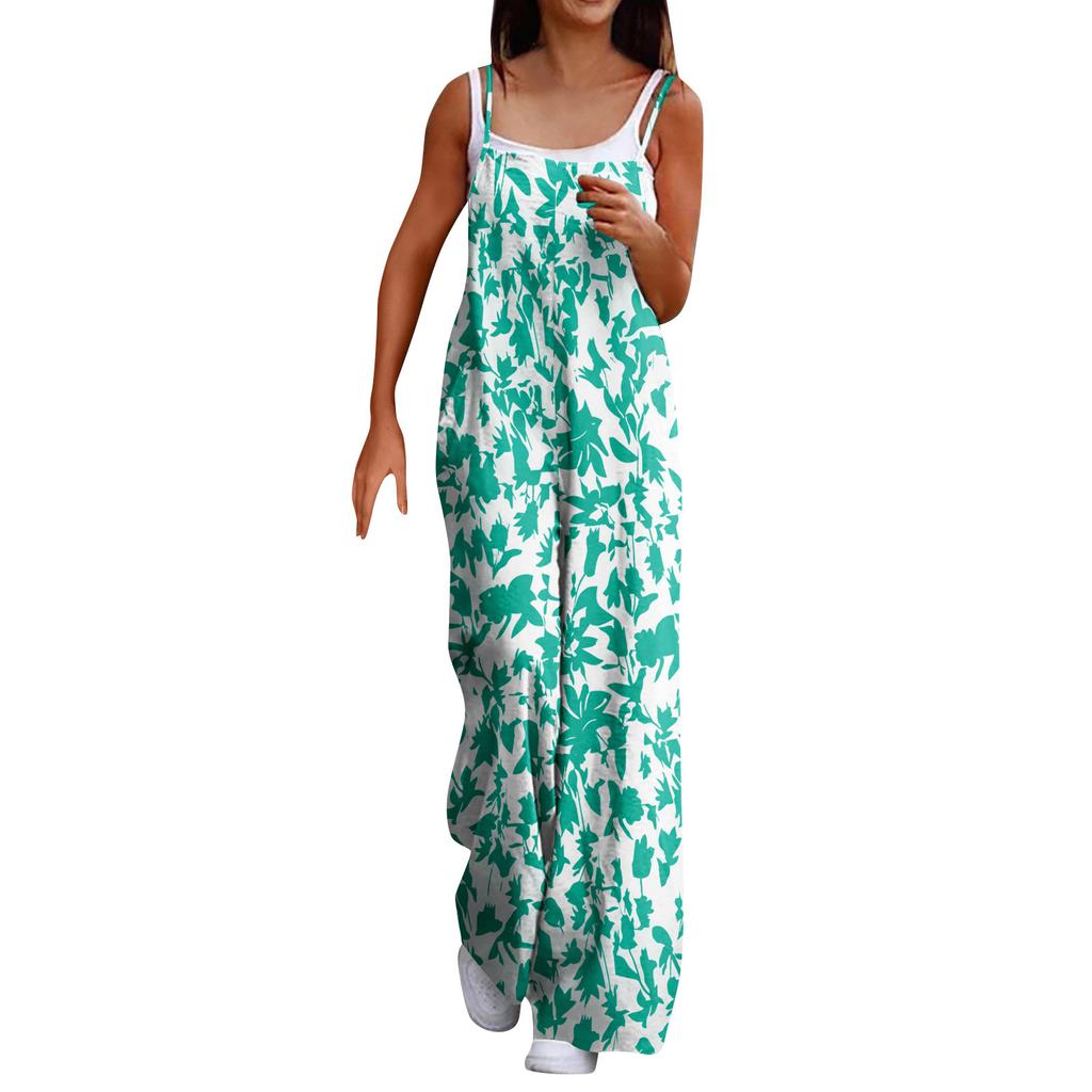 Wide Leg Overalls For Women Casual Loose Sleeveless Print Button Long Pant Romper Jumpsuit With Pockets