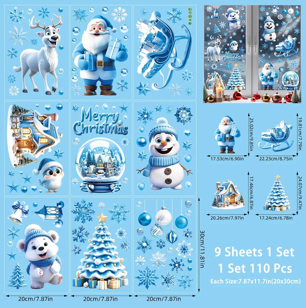 9 Sheets Christmas Window Clings Cute Santa Snowman Reindeer Merry Christmas Glass Stickers  Winter Wonderland Window Decals