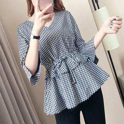 Sommer Neue V-Ausschnitt Elegante Damen Karo Blusen Vintage Mode Raffung Schlanke Taille Hemd Pendlerin Femme Dreiviertelärmel Tops