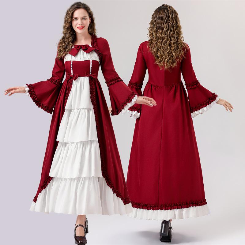 Halloween Medieval Vintage Court Dress Waist Splicing Bow Dress Performance Costume