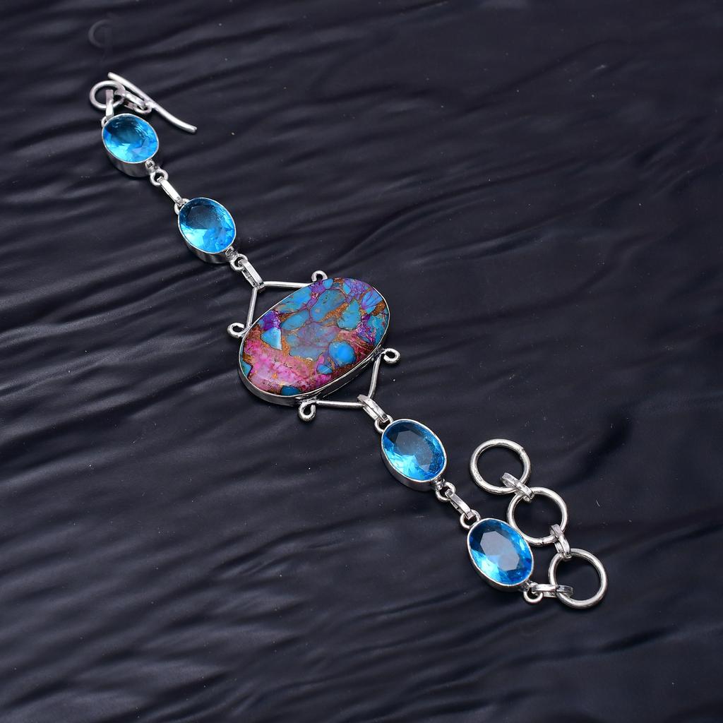 Pink Dahlia & Blue Topaz Gemstone : 925 Sterling Silver Handmade Multi Gemstone Bracelet Jewelry