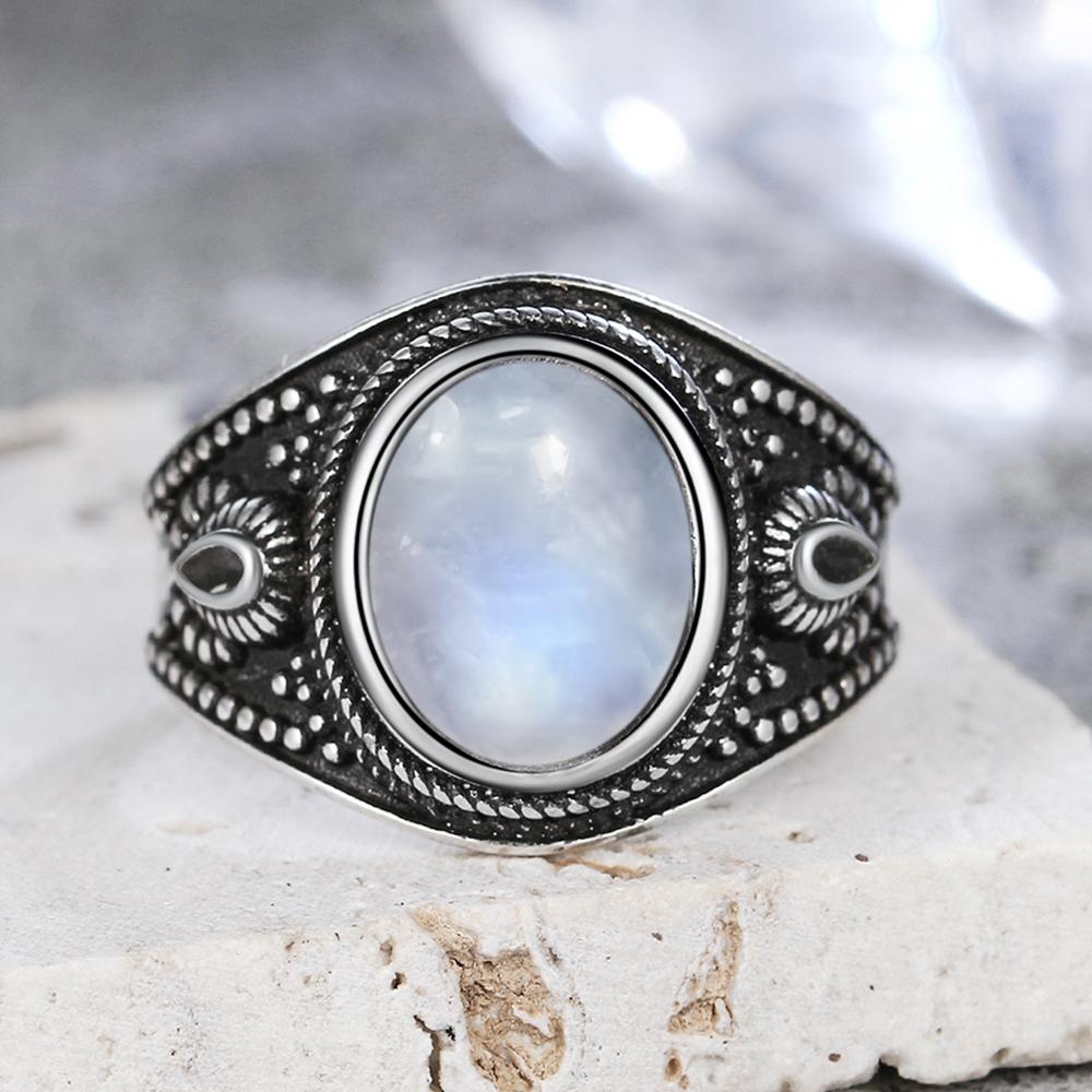 Vintage 925 Sterling Silver Natural Moonstone Rings Bohemia Oval Shape Retro Ring Gifts Fine Jewelry for Women Men