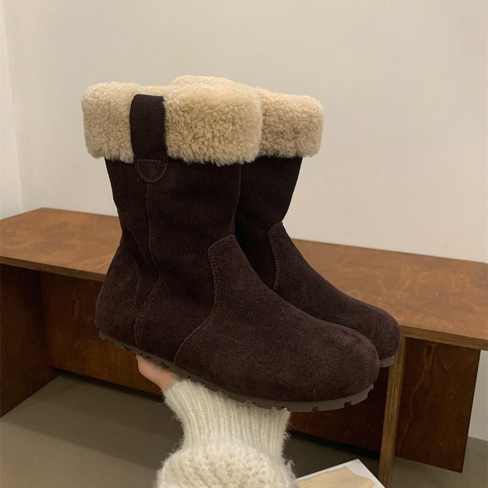 2025 Autumn and Winter New Round Head Leather Matte Plush Thin Martin Snow Shoes Warm Boken Women's Short Boots