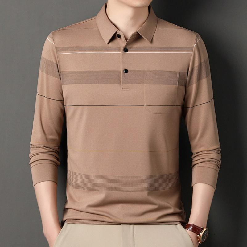 Spring Thin Long-sleeved T-shirt Men's Lapel Mercerized Cotton Dad Wear Striped T-shirt Men