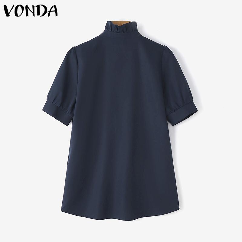VONDA Women Ruffled Stand Neck Short Sleeve Buttons Up Casual Blouse