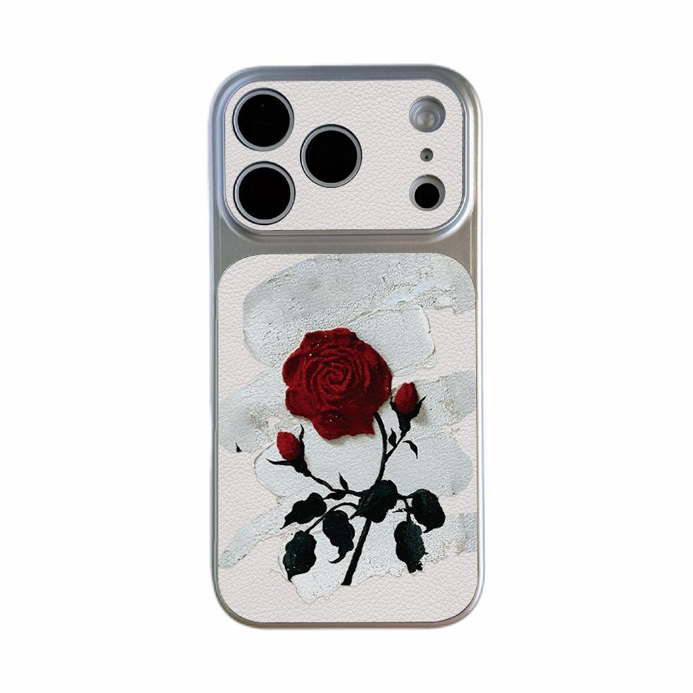Art Rose is suitable for Apple 17 mobile phone case iPhone15promax all-inclusive 16Pro leather pattern anti-drop and simple.
