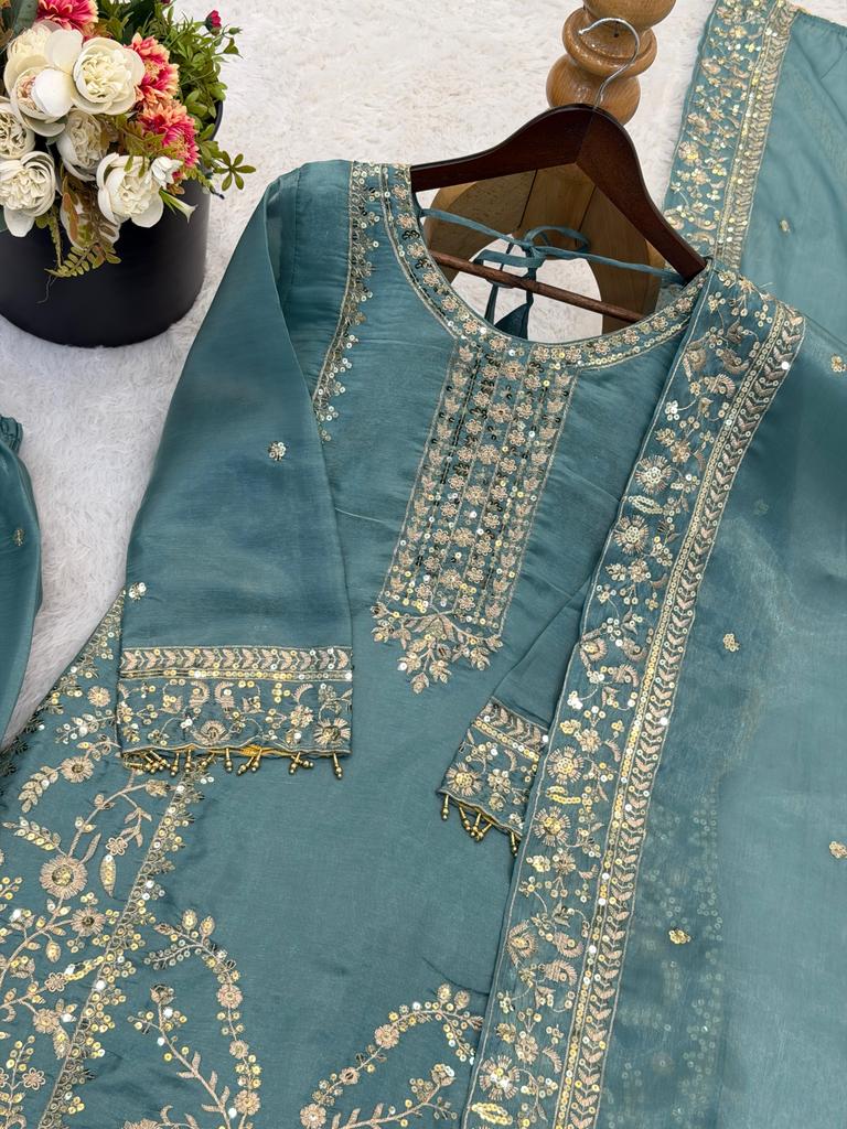 Beautiful Embroidered Gmy Silk Salwar Suit Palazzo Set Indian Women Bollywood Salwar Kameez