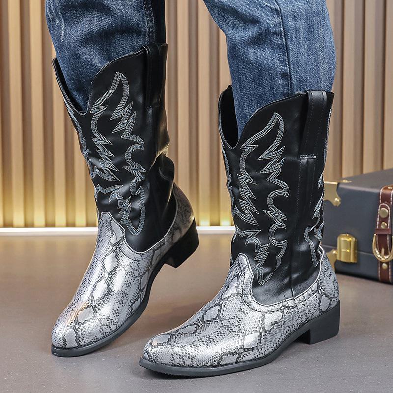 Men's Mid-Calf Snake Print Leather Western Cowboy Boots