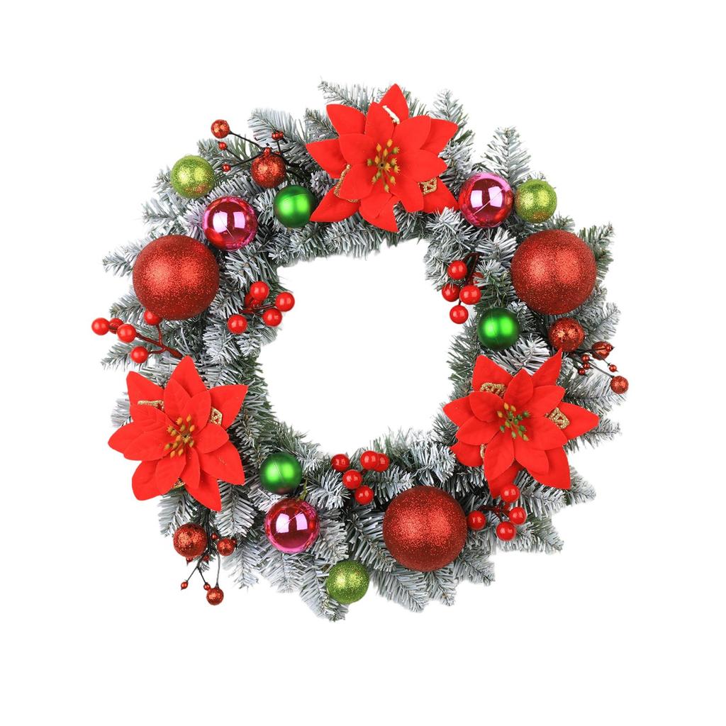 Christmas Wreath for Front Door Garland with Balls and Flowers Round Winter Wreath Xmas Decor for Office Home