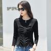 Women's Autumn Long-sleeved T-shirt, Round Neck Zipper Cardigan, Fashionable and Versatile Pleated High-end and Elegant Top
