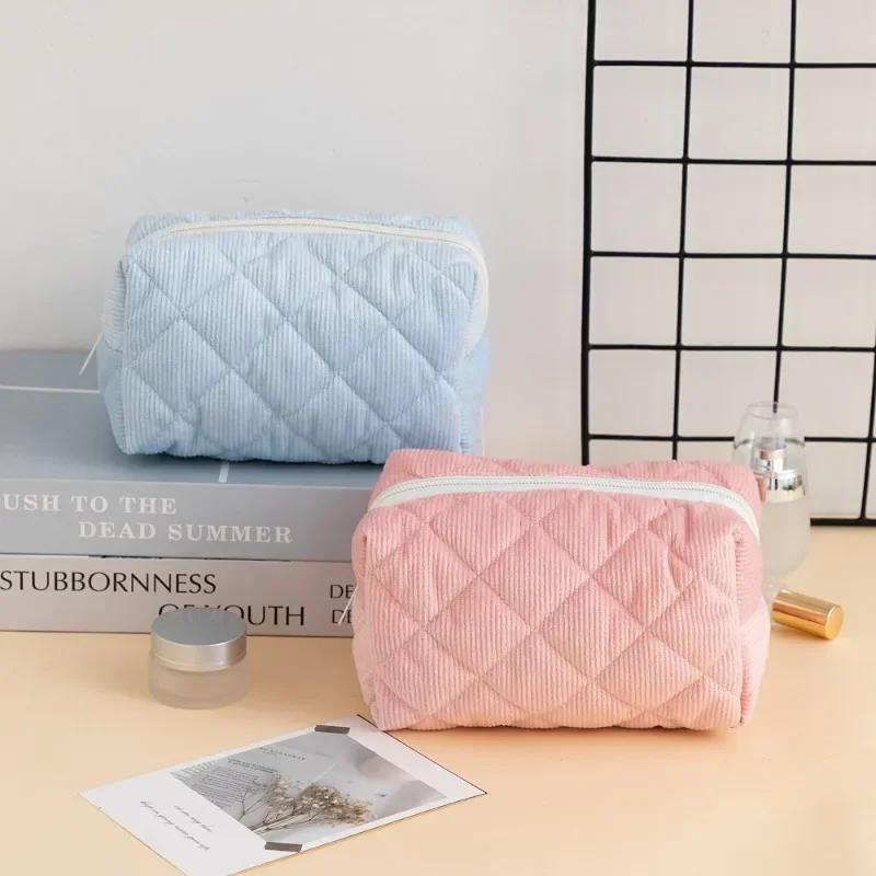 Solid Color Plaid Makeup Bag Travel Cosmetic Pouch Large Soft Cosmetic Organizer Pouch, Zipper Make Up Organizer Toiletry Bags