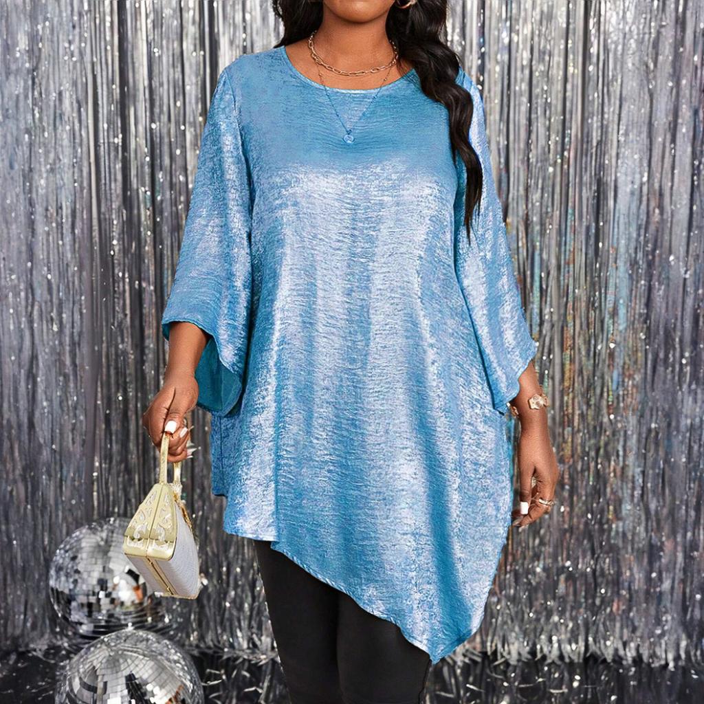Fashionable Women's Plus Size Loose Round Neck Mid-sleeve Irregular Hem Top