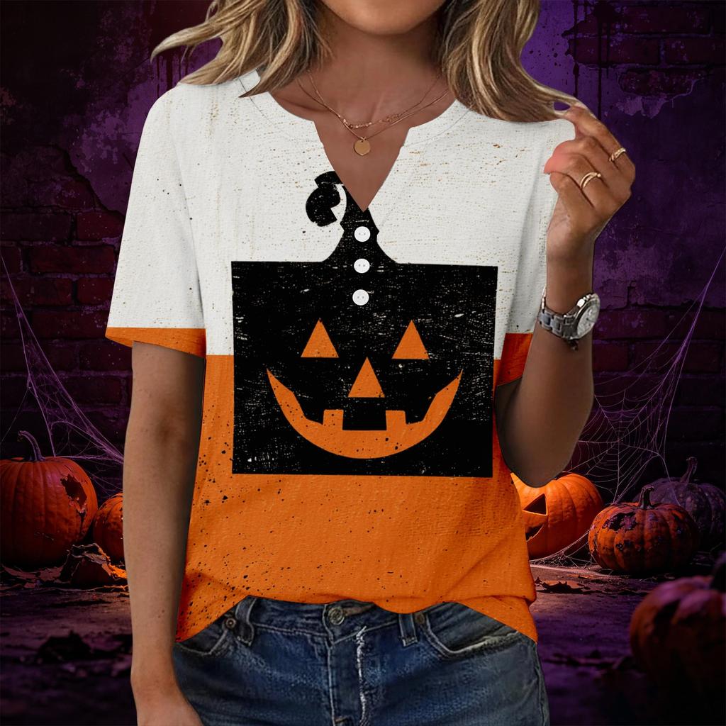 Women V Neck Short Sleeve Button Decor Top with Halloween Print Casual Loose Fit T Shirt for Daily Wear