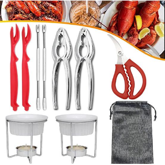 10PC Crab Lobster Crackers Tools, Butter Warmers for Seafood Tools Set Includes 2 Crab Crackers, 2 Lobster Shellers, 2 Crab Leg Forks, 1 Seafood