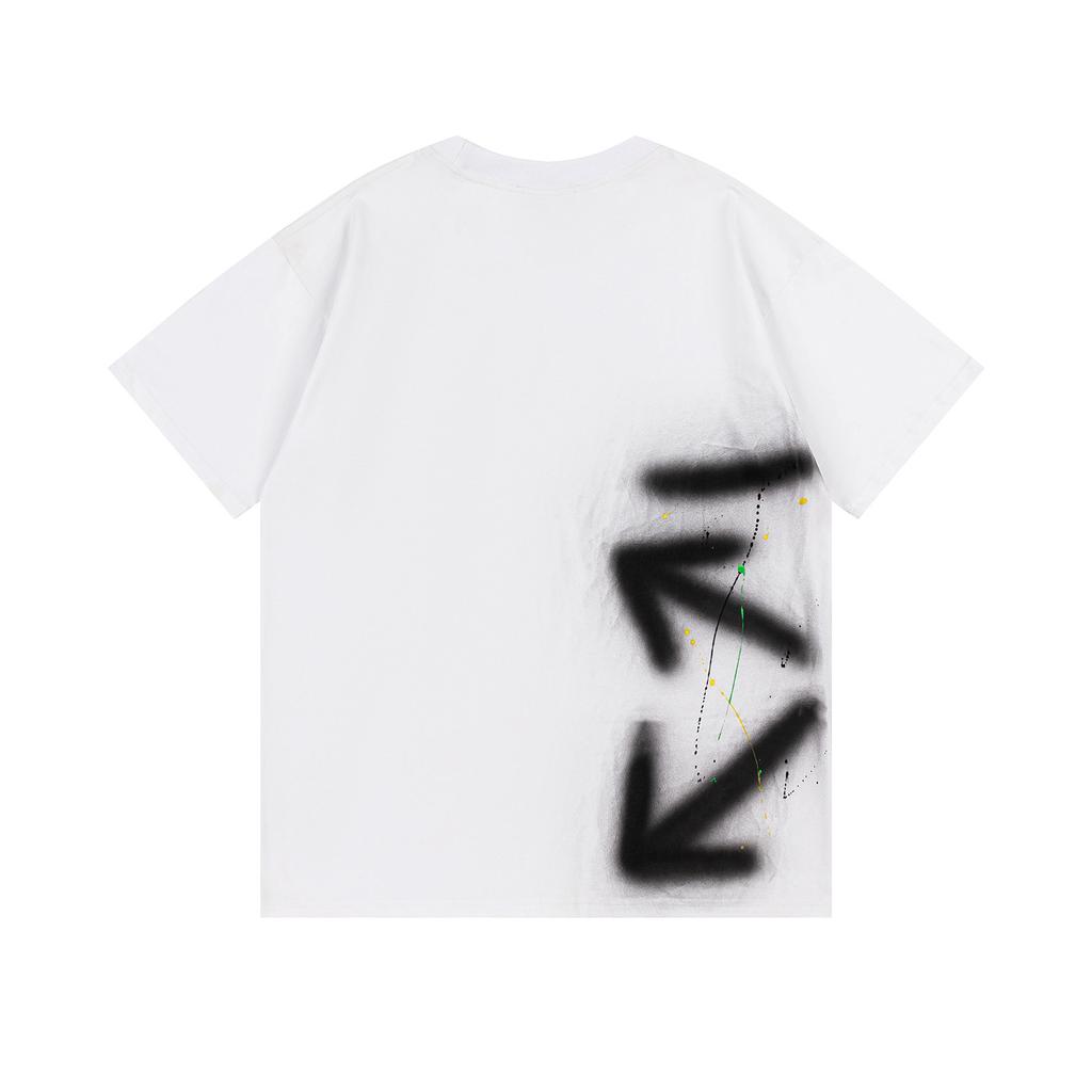 Off-White 2025 Spring/Summer New Style Inkjet Arrow Pattern Round Neck Hooded Short Sleeved Men's and Women's T-shirts
