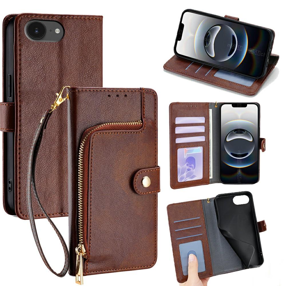 

For iPhone 16e Case Zipper Pocket PU Leather Wallet Flip Phone Cover Brown