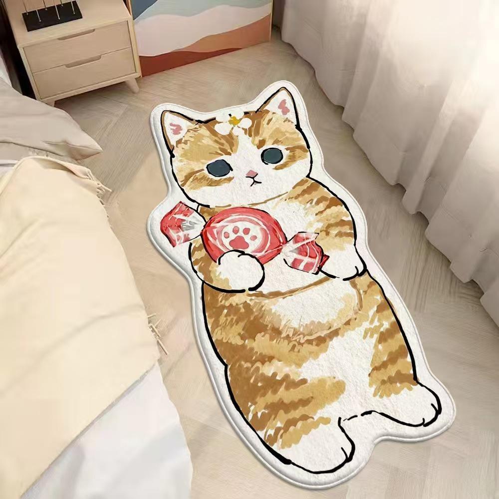 2pcs Cartoon Cute Cat Imitation Cashmere Bedroom Carpet Special-shaped Bedside Carpet Floor Mat