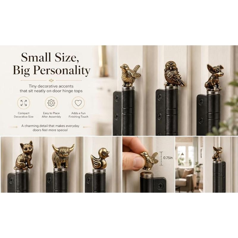 Pack of 6 Brasses Animal Hinge Toppers Decorations Handcrafted Miniature Sculptures Door Hinge Head for Home Bookshelf Display