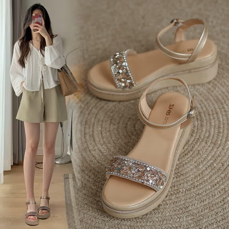 ZHR Rhinestone One-Strap Platform Wedge Sandals M385 37 абрикосовый