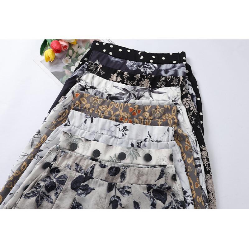 Women Floral Print Wide Leg Cropped Pants Elastic Waist Casual Summer Trousers
