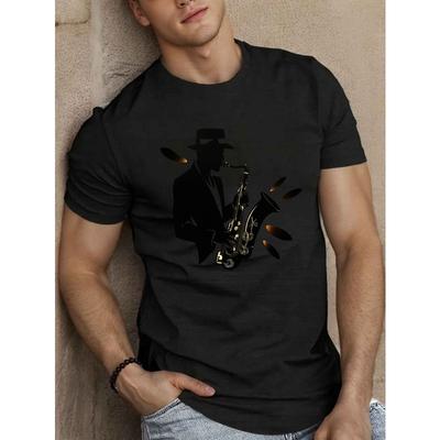 T-shirt Casual da Uomo Taglia Europea in Poliestere con Silhouette Geometrica di Sassofono - Girocollo, Manica Corta, Top Estivo per Adulti