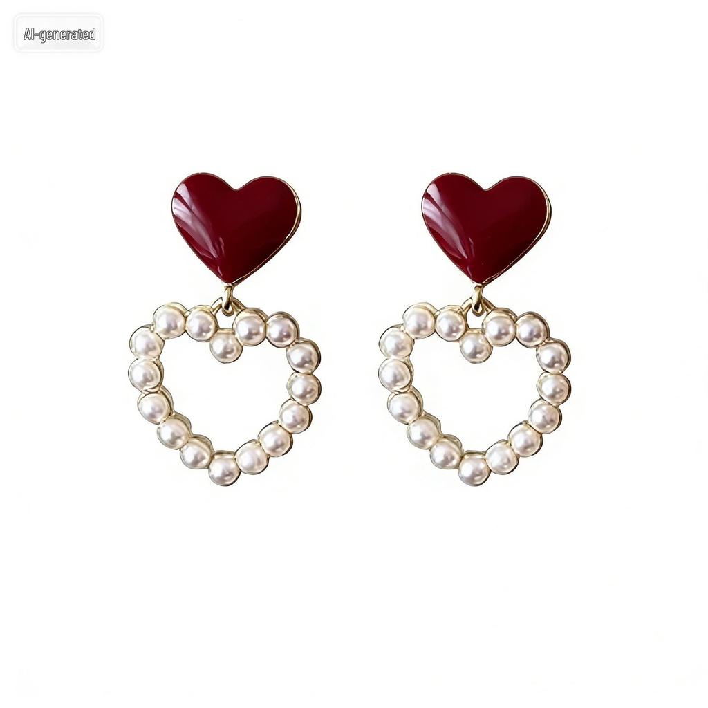 Korean Hollow Heart Pearl Earrings - Sweet Drip Oil Peach Heart Studs