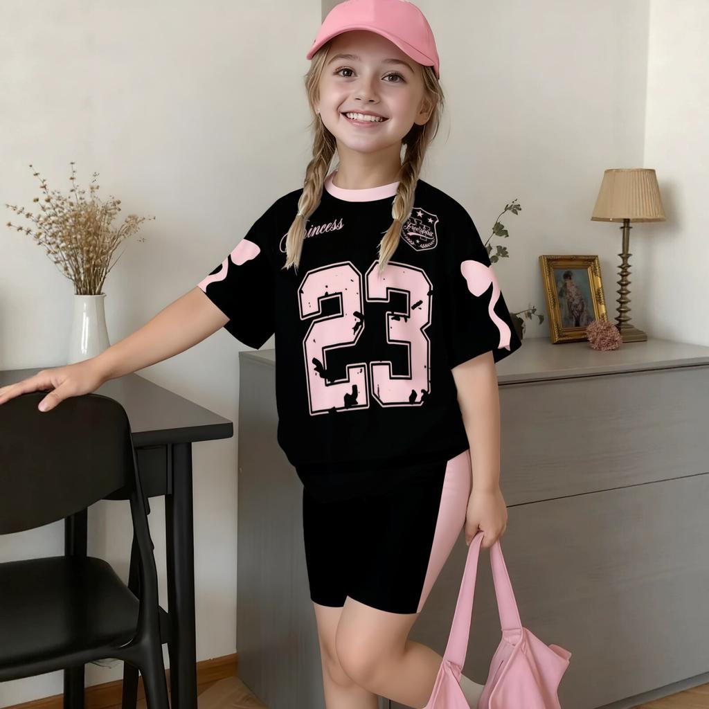 Kids Boys Girls Sportswear Set Short Sleeve Crew Neck T-Shirt and Shorts Outfit with Number Print Casual Summer Clothing for Children