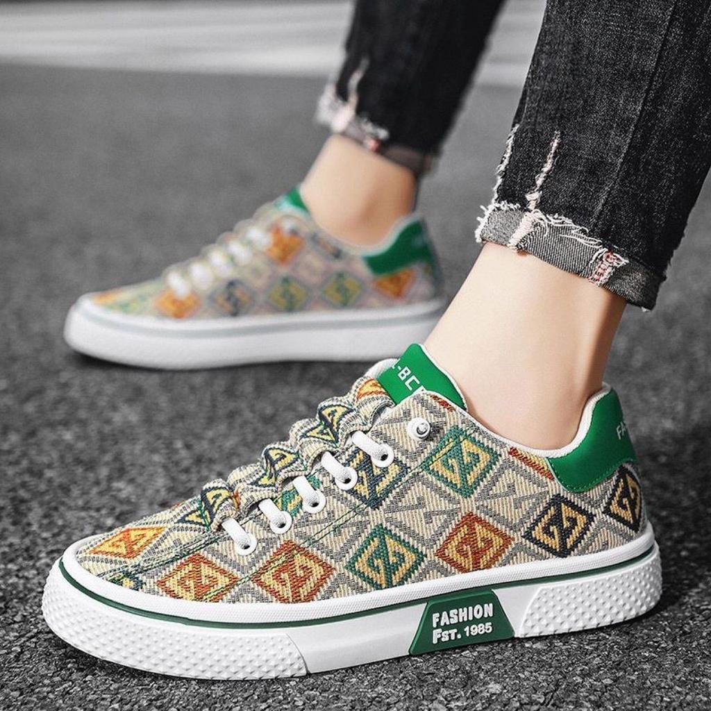 Summer New Canvas Shoes Vintage Print Breathable Anti-Odor Casual Shoes Men's Model