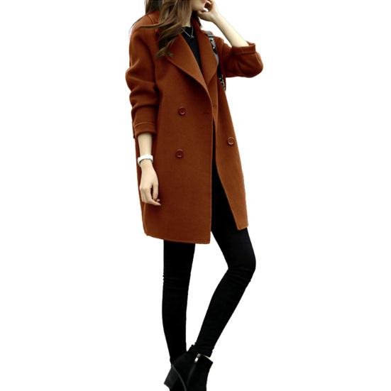 Women Autumn Winter Solid Color Lapel Double-breasted Midi Coat Woolen Outwear