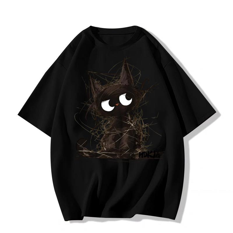 Unisex American Retro Black Cat Print Oversized T-Shirt - Summer Pure Cotton Short Sleeve Top
