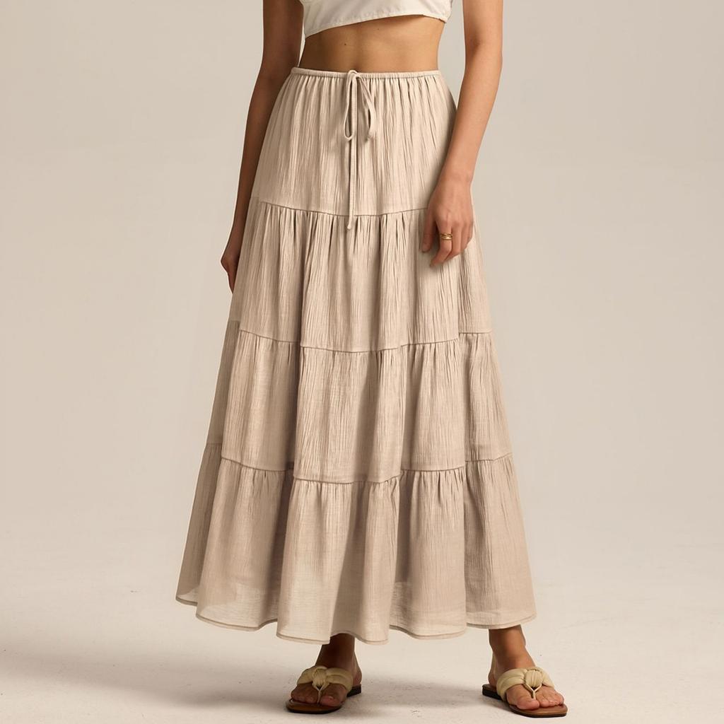 Damen Baumwollrock Hohe Taille Elastisch Schnürung Großer Schwingender Rock Lockere Naht Langer Rock