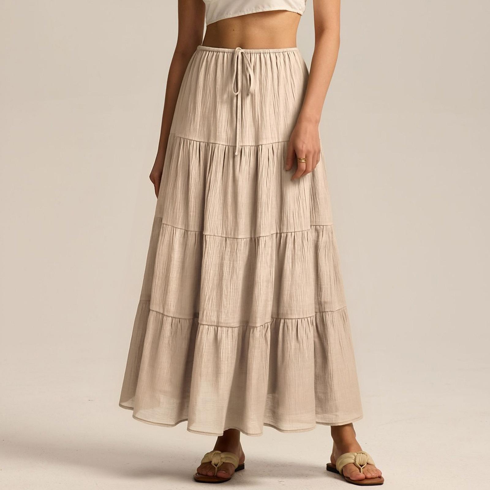 

Женская Хлопковая Юбка Высокая Талия Эластичная На Шнуровке Большая Расклешенная Юбка Свободная Строчка Длинная Юбка M бежевый