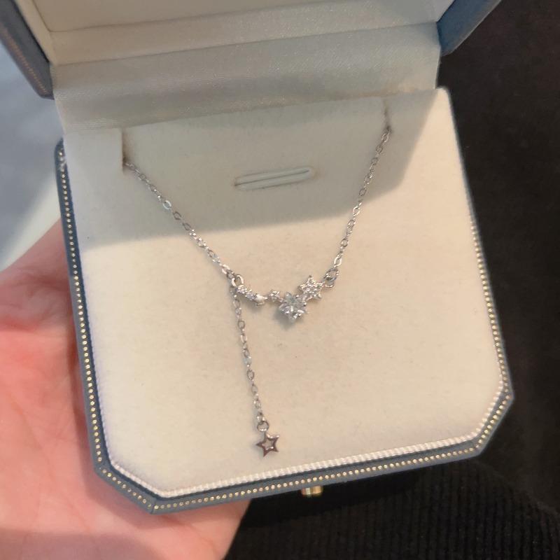 S999 Silver Meteor Shower Fringed Necklace Women's Light Luxury Niche Collarbone Chain Diamond Pendant