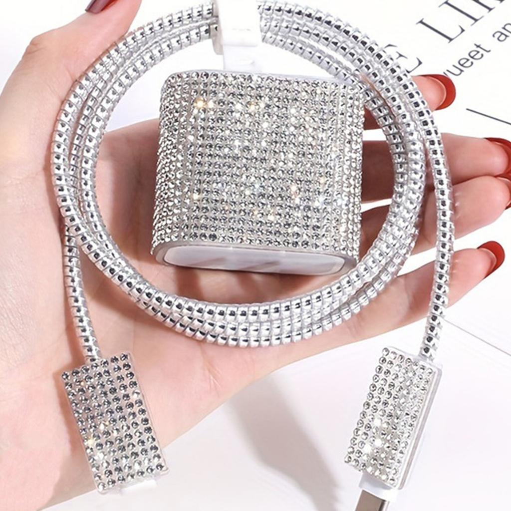 Fashionable Rhinestones Power Block Cover Collection With Charging Wire Guard And Practical Twist Cord Keeper