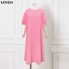 VONDA Summer Women O Neck Half Sleeve Pleating Casual Long Oversized Dress