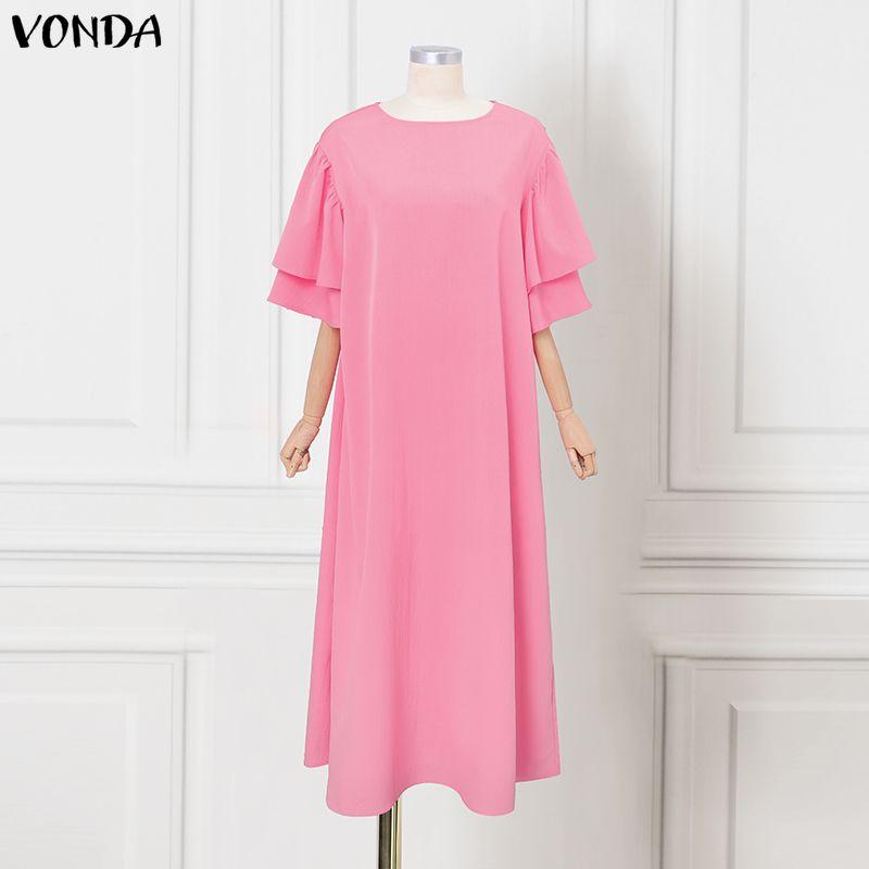 VONDA Summer Women O Neck Half Sleeve Pleating Casual Long Oversized Dress S