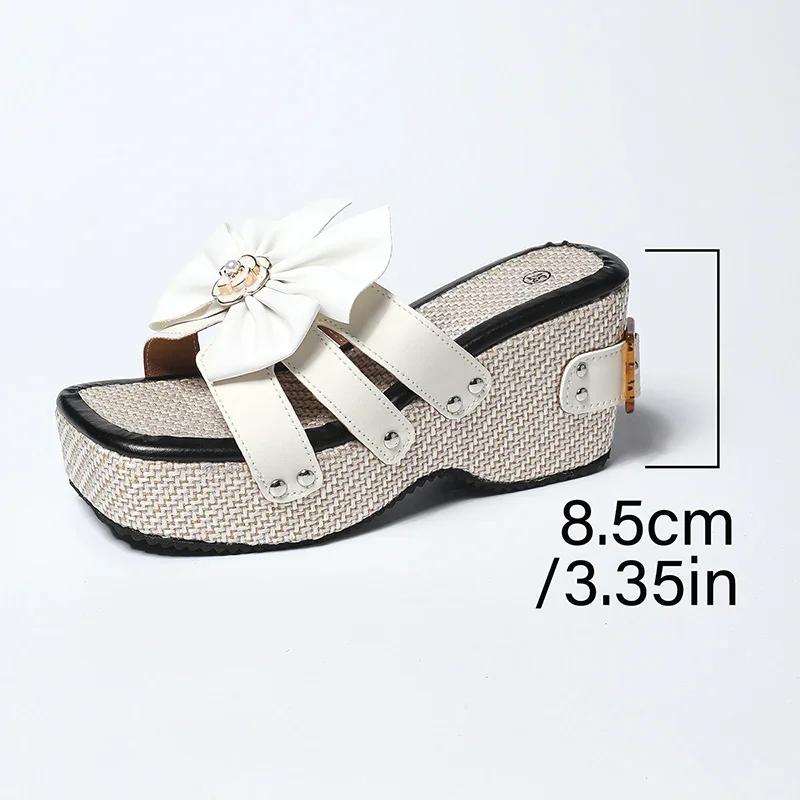 Fashion Bow Knot Chunky Platform Slippers for Women Fashion Buckle Design Thick Bottom Slides Ladies New Square Toe Wedge Sandals Mujer