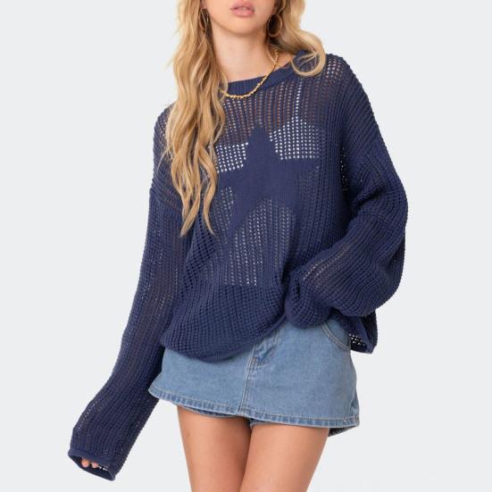 

Женская вязаная блузка с круглым вырезом и длинным рукавом, жаккардовая блузка со звездами, свободный крой, вязаные топы S синий