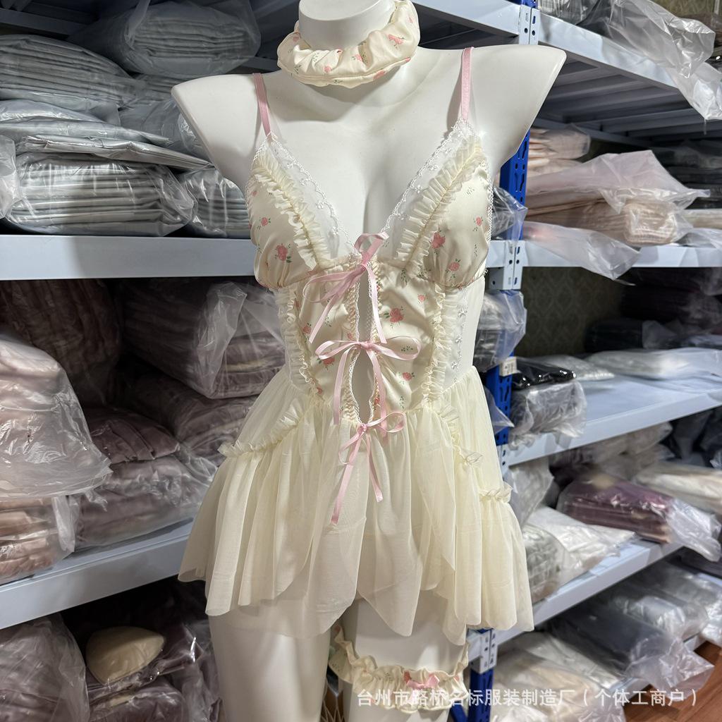 50970 Floral Mesh Nightgown with Bowknot and Removable Pads