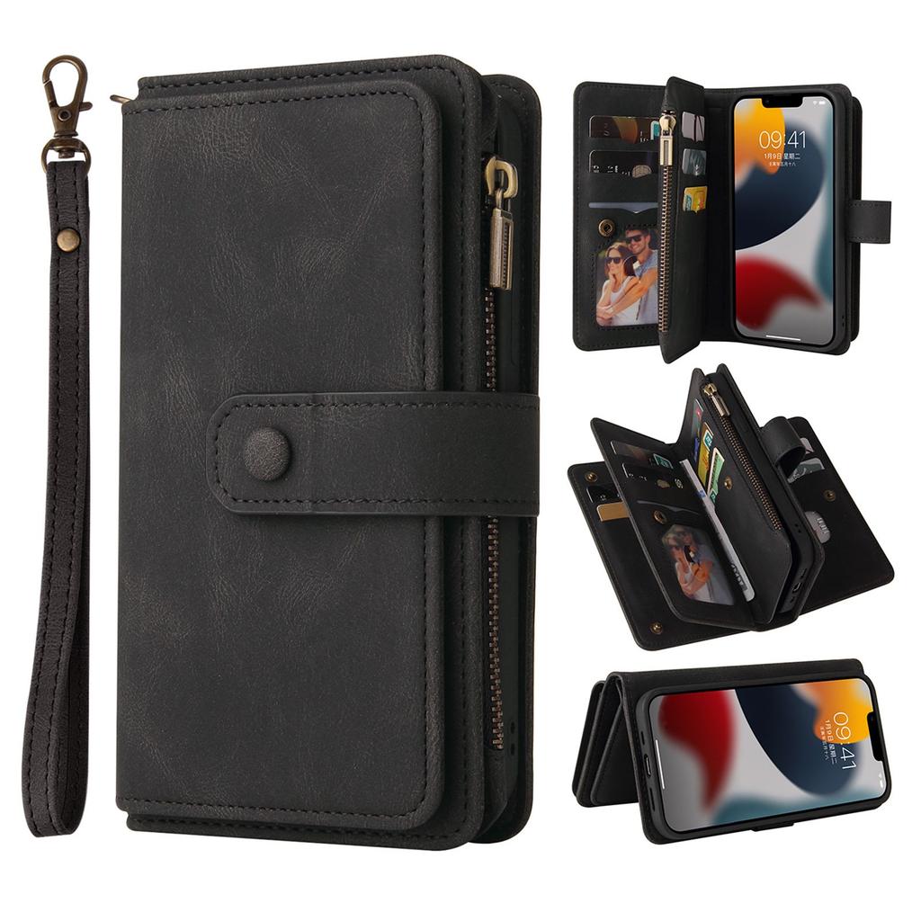 For iPhone 15 Zipper Wallet Case with 15 Card Slots and Strap Leather Phone Cover
