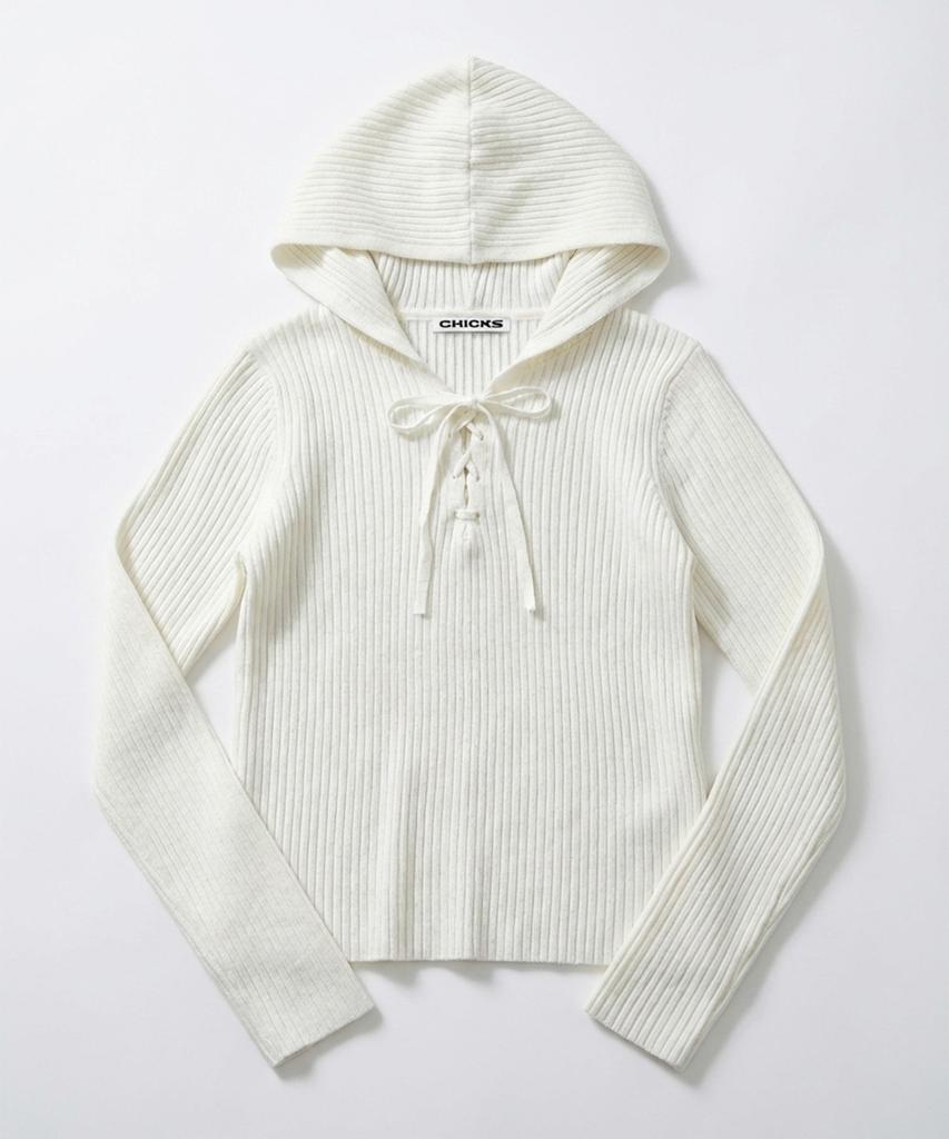 CHICKS Ribbed Slim Fit Hoodie Knit White