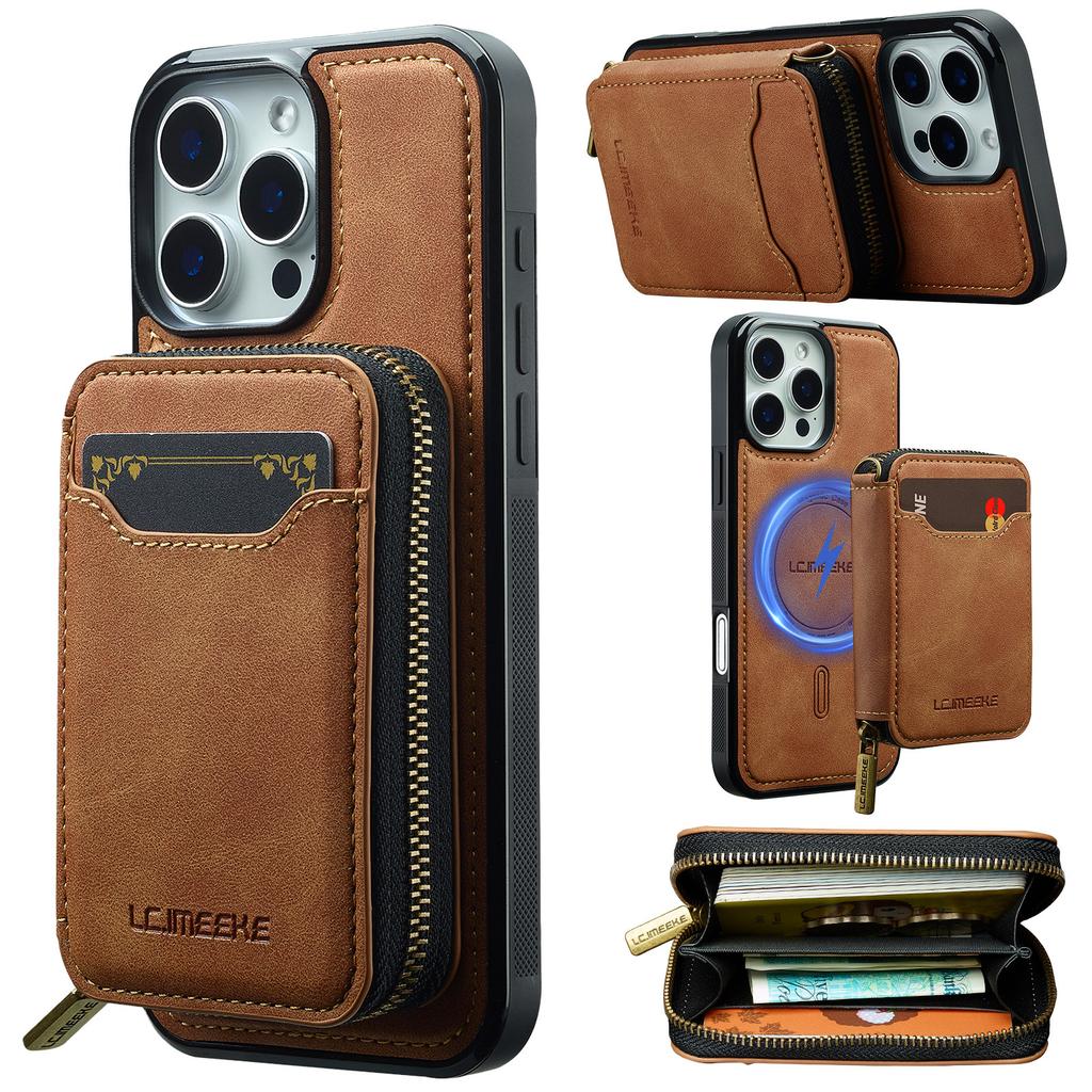 LC.IMEEKE L6 For iPhone 15 Pro Max Magnetic Case Detachable Zipper Wallet Leather Coated PC + TPU Phone Cover