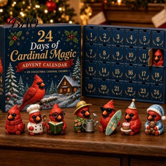 Miniature Theme Dolls Red Bird Christmas Advent Calendar, 24 Unique Desk Decor Figurines, Tree Hanging Ornaments for Holiday Gifts Figures