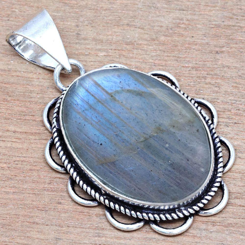 Pendant Blue Fire Labradorite Gemstone Handmade Silver Jewelry 1.5"