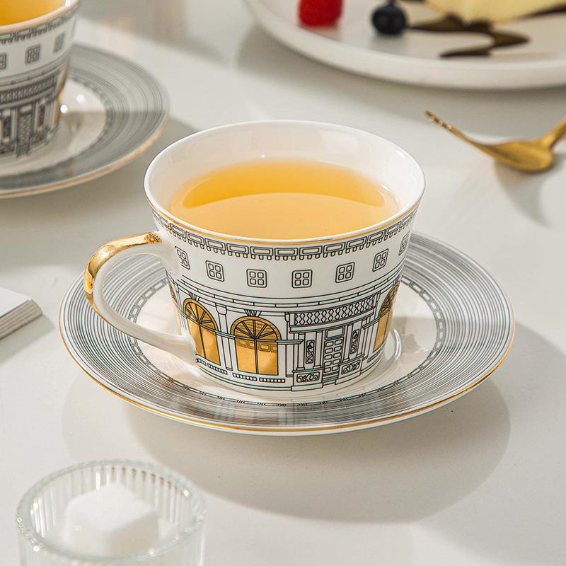 Italian Golden Roman Architecture Coffee Cup Saucer Teapot Set Gold-patterned Handle Swan Castle Afternoon Tea Set Gift
